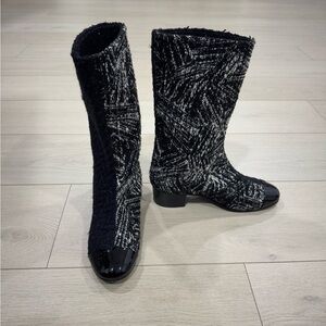 CHANEL Two Tone Tweed Boots 37.5